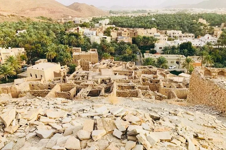 Ruins of ancient village built into mountain with palm trees